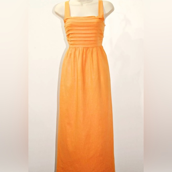 TAHARI Linen Blend Wide Stripes Pockets Pleated Bodice Maxi Dress in Orange Sz 2 - Picture 4 of 15